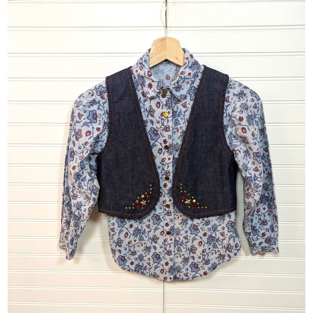 Girls Western Wear Outfit Size 10 Denim Skirt Vest Shirt Floral Costume Handmade - Picture 3 of 16